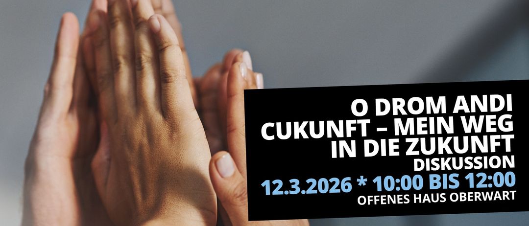 Ein Poster zeigt Hände, die sich zusammenschließen, mit einer Botschaft auf Deutsch. Es steht 'O DRUCKUNFT - IN DIE 12.3.2026 * 10:00 OFFEN'. Die Hände sind vor einem grauen Hintergrund.