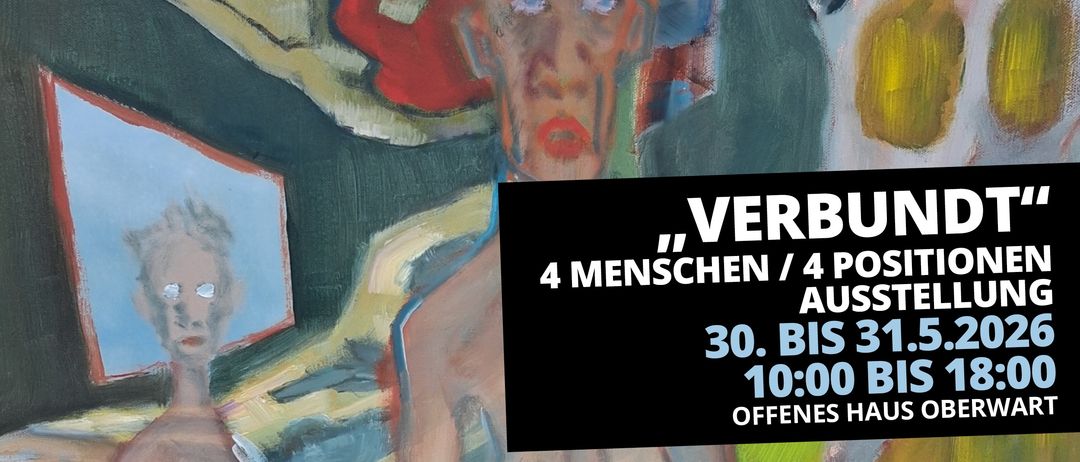 Ein abstraktes Gemälde mit einem Gesicht, roten Lippen und Augen. Ein schwarzer Überlagerungstext lautet '4 MENSCHEN / 4', '30. BIS 10:0' und 'OFFEN'.