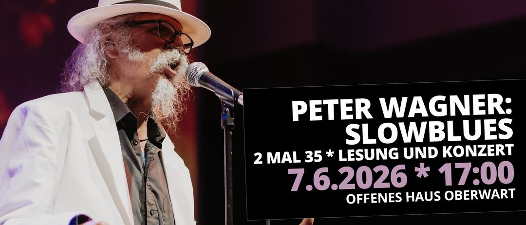 An older man with a white beard wearing a hat is singing into a microphone. The text on the black sign reads Peter W Slo. The date 7.6.2026 is also mentioned.