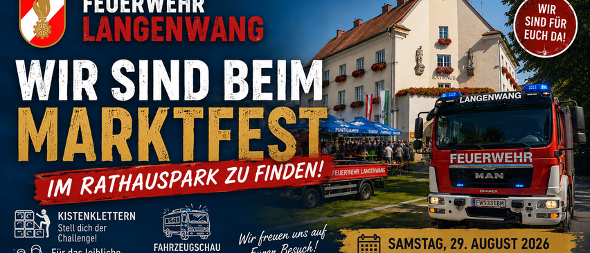 Poster for a firefighting festival with a fire truck in the foreground, a large building in the background, and text in German and English.
