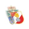Ein Bild zeigt eine Sammlung von drei Emblemen auf weißem Hintergrund. Das mittlere Emblem ist ein rot-weißer Schild mit einem Zahnrad in der Mitte und einer Flamme auf der linken Seite. Das linke Emblem ist ein blauer Schild mit einem Kreuz darauf. Das rechte Emblem ist ein grüner Schild mit einer Krone.