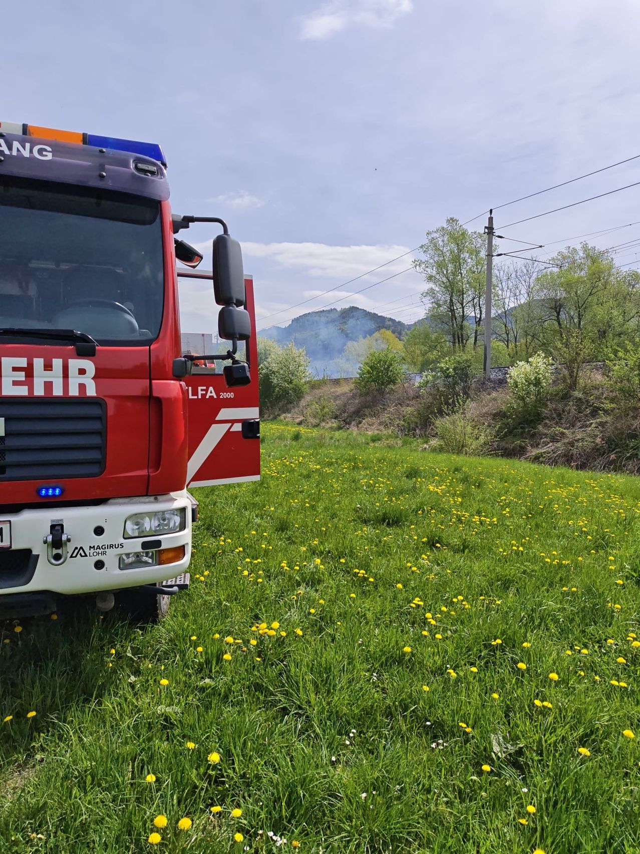 Ein roter Feuerwehrwagen mit der Aufschrift 'Feuerwehr' steht auf einer Grasfläche. Dahinter befindet sich ein Hang mit Pflanzen, Bäumen und Bergen. In der Ferne steigt Rauch aus den Bergen auf.