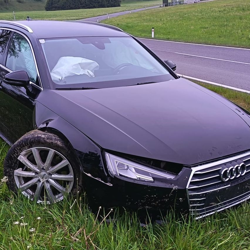A black Audi A4 is parked in the grass, showing signs of a collision with a tree on the front left side.