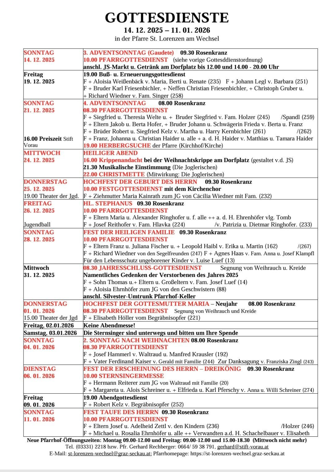 Ein Kalender mit Daten und Ereignissen, einschließlich Messzeiten, Familiengottesdiensten und anderen religiösen Zeremonien. Die Veranstaltungen sind auf Deutsch aufgeführt.