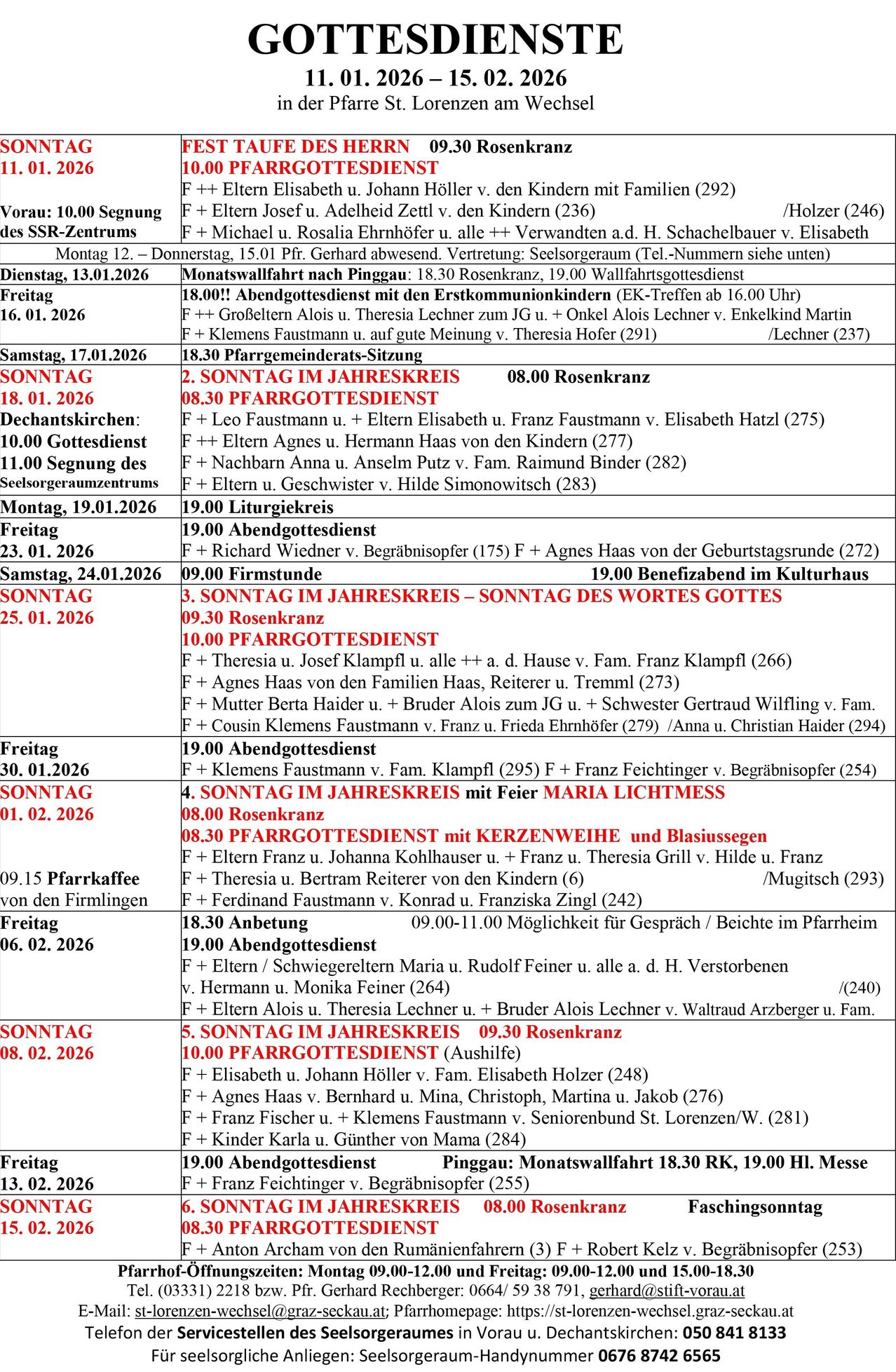 Wöchentlicher Zeitplan für Gottesdienste und Veranstaltungen in einer Kirche. Daten reichen von 10. Januar bis 8. Februar 2026. Beinhaltet Zeiten für Messen, Abendgottesdienste, Familiengebetstreffen und andere Versammlungen.