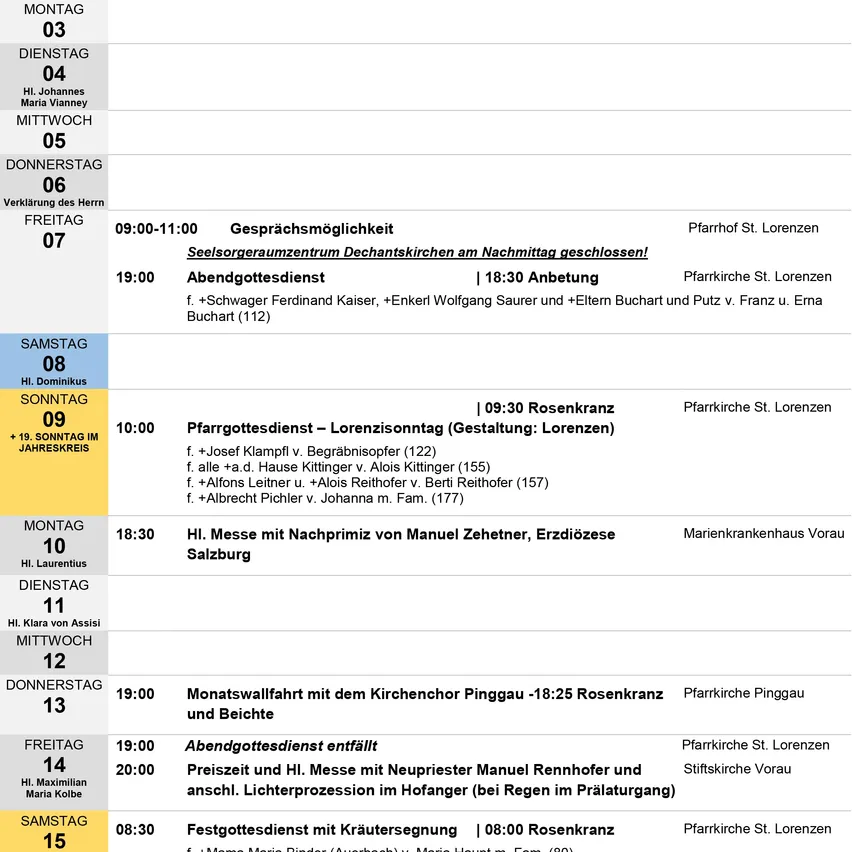 Ein Zeitplan für Gottesdienste und Veranstaltungen in St. Lorenzen, mit Datum, Uhrzeit und Beschreibungen jedes Ereignisses. Der Zeitplan enthält Details wie die Namen der Zelebranten und die Orte der Veranstaltungen.