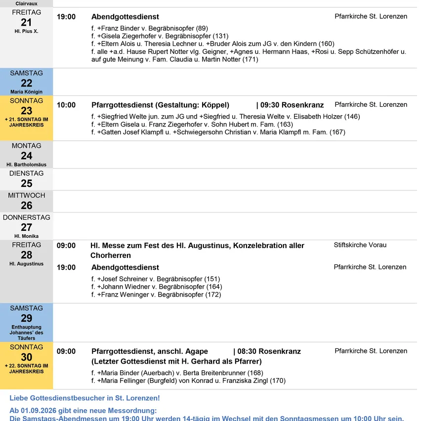 Eine Kalenderseite zeigt einen Zeitplan für Gottesdienste mit Daten, Zeiten und Namen der Zelebranten. Die Seite ist in Abschnitte für jeden Wochentag unterteilt, mit einer Mischung aus Morgen- und Abendgottesdiensten. Die Gottesdienste enthalten Namen von Personen, die an den Zeremonien teilnehmen.