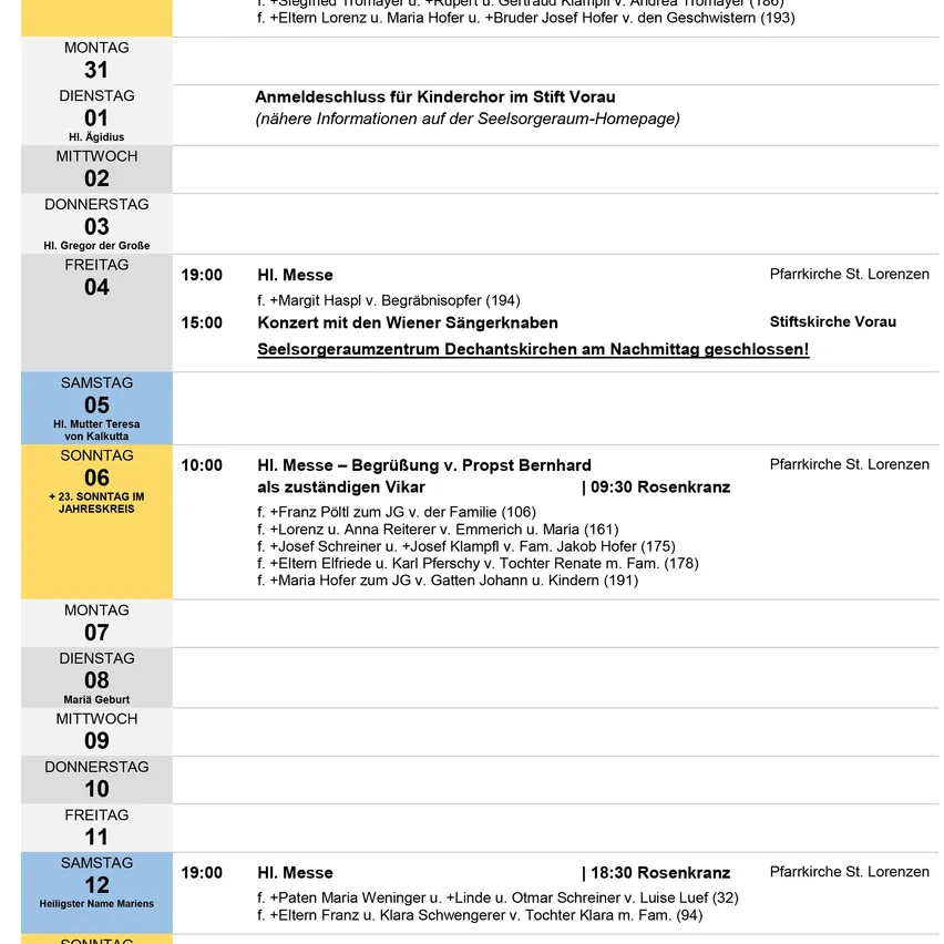 Eine Tabelle mit Daten und Zeiten, die verschiedene religiöse Veranstaltungen und Messen an verschiedenen Orten auflistet. Die Tabelle enthält Namen von Personen und Familien, die an den Veranstaltungen teilnehmen.