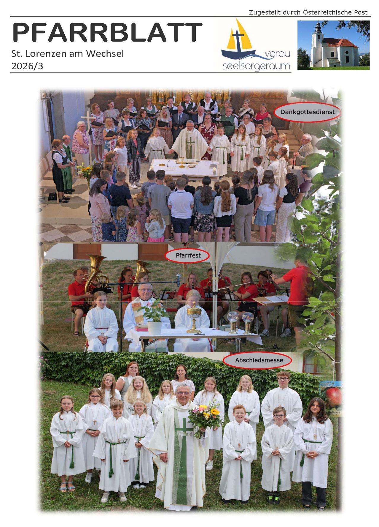 Eine Collage von Bildern, die einen Gottesdienst, eine Abschiedsmesse und einen Chorauftritt zeigen. Das erste Bild zeigt eine Gruppe von Menschen, die sich zu einem Gottesdienst versammelt haben. Das zweite Bild zeigt eine Abschiedsmesse mit einem Priester und einem Chor. Das dritte Bild zeigt einen Chorauftritt mit Musikern und einem Priester.
