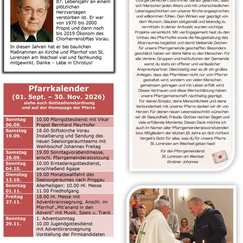 Ein Flyer mit einem Bild eines Priesters und einem Kalender der Gottesdienste vom 1. September bis 30. November 2026.