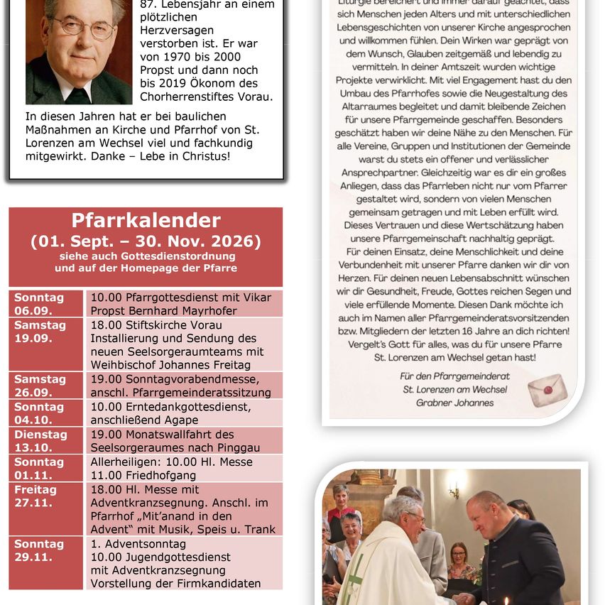Ein Flyer mit einem Bild eines Priesters und einem Kalender der Gottesdienste vom 1. September bis 30. November 2026.