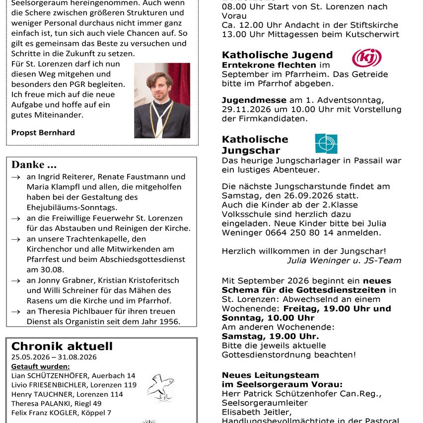 Ein Dokument mit einem Foto eines Mannes in geistlicher Kleidung, umgeben von Text auf Deutsch. Es enthält Details über eine Jugendveranstaltung, ein neues Führungsteam und einen Zeitplan für kommende Gottesdienste.