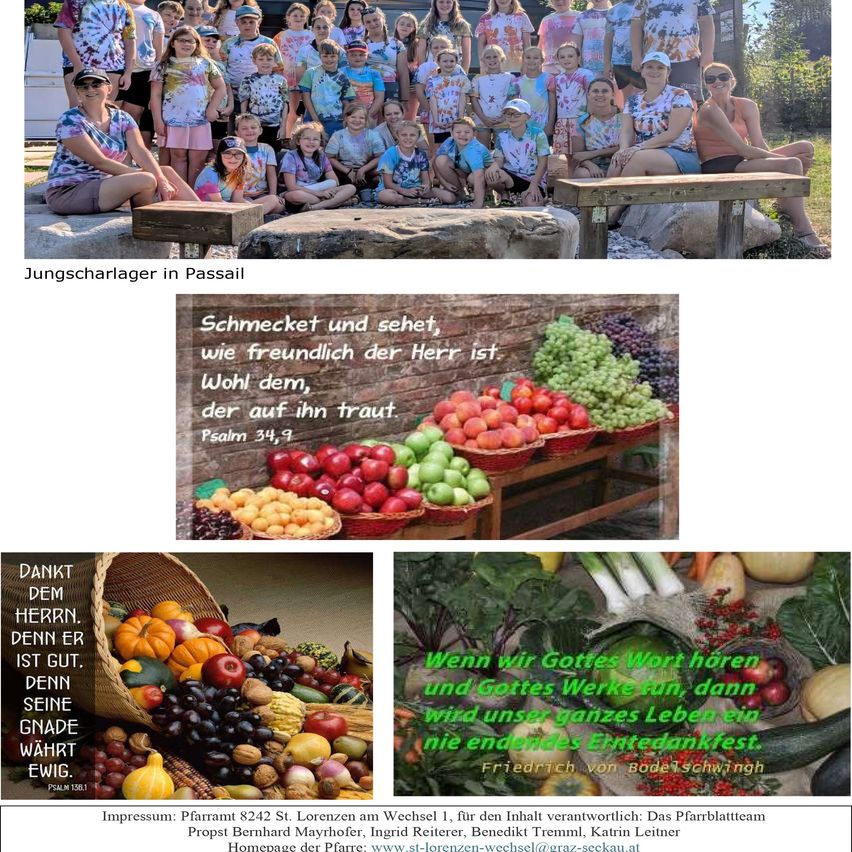 Eine Gruppe von Kindern und Erwachsenen, die in Batik-Shirts gekleidet sind, sind für ein Foto versammelt. Das Bild zeigt einen Korb mit Obst und Gemüse und einen Zitat aus Psalm 34:9.