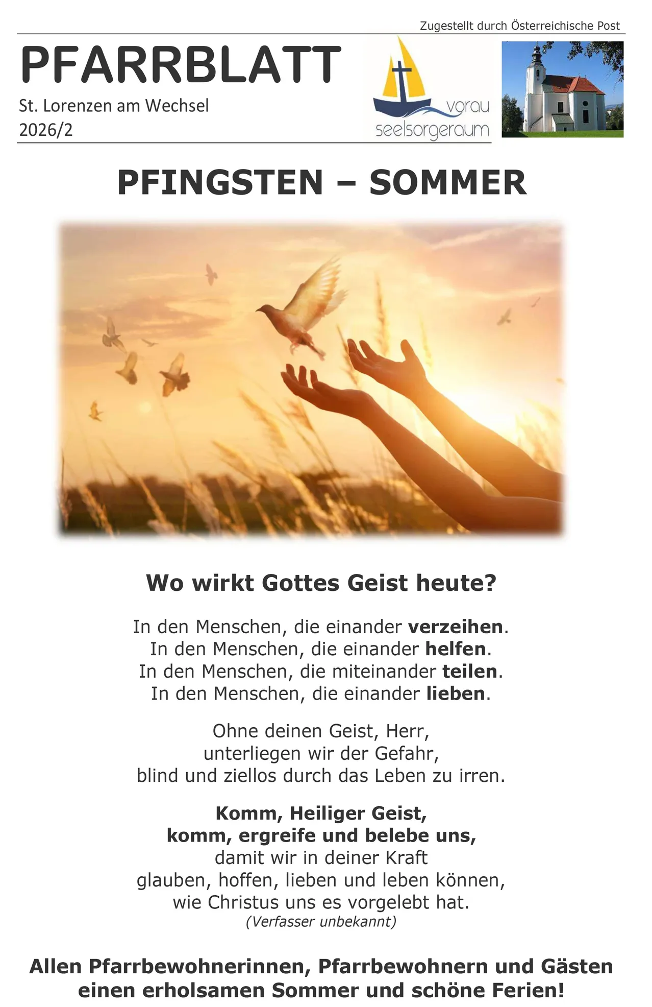 Ein Bild zeigt Hände, die sich nach oben strecken, mit einem Vogel, der am Himmel fliegt. Der Text lautet 'Wo wirkt Gottes Geist heute? In Menschen, die einander vergeben, helfen, teilen und lieben.'