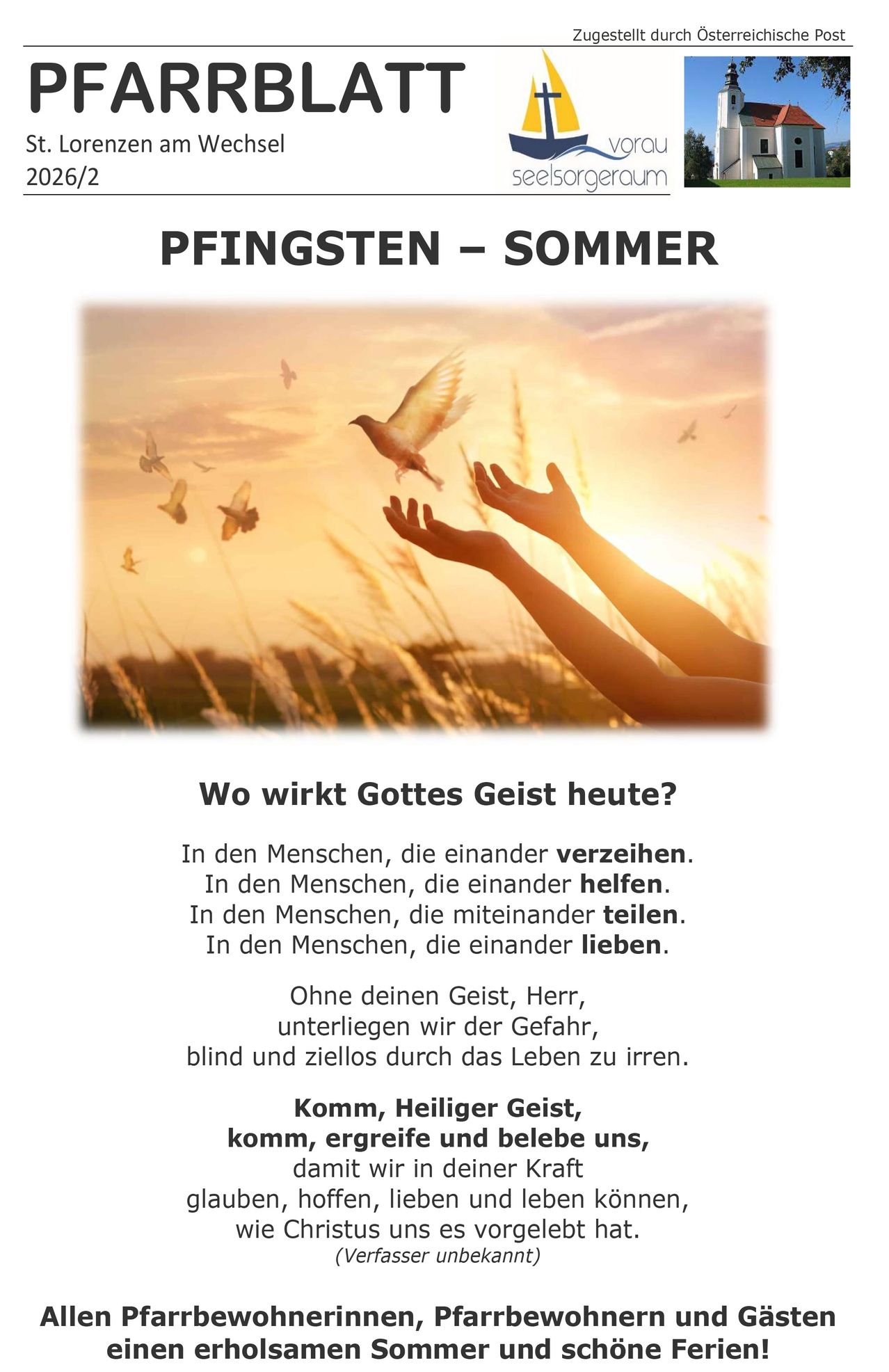 Ein Bild zeigt Hände, die sich nach oben strecken, mit einem Vogel, der am Himmel fliegt. Der Text lautet 'Wo wirkt Gottes Geist heute? In Menschen, die einander vergeben, helfen, teilen und lieben.'