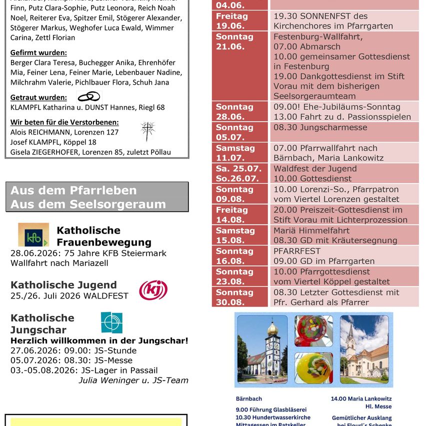 Das Dokument listet Namen von Personen, Veranstaltungspläne und religiöse Aktivitäten auf. Es enthält eine Liste von Namen, die unterschrieben sind, sowie einen Zeitplan für Veranstaltungen wie das Pfarrfest, Sonntagsmessen und das Waldfest. Es enthält auch Informationen über die Frauenbewegung, Katholisch Jugend und Jungschar.