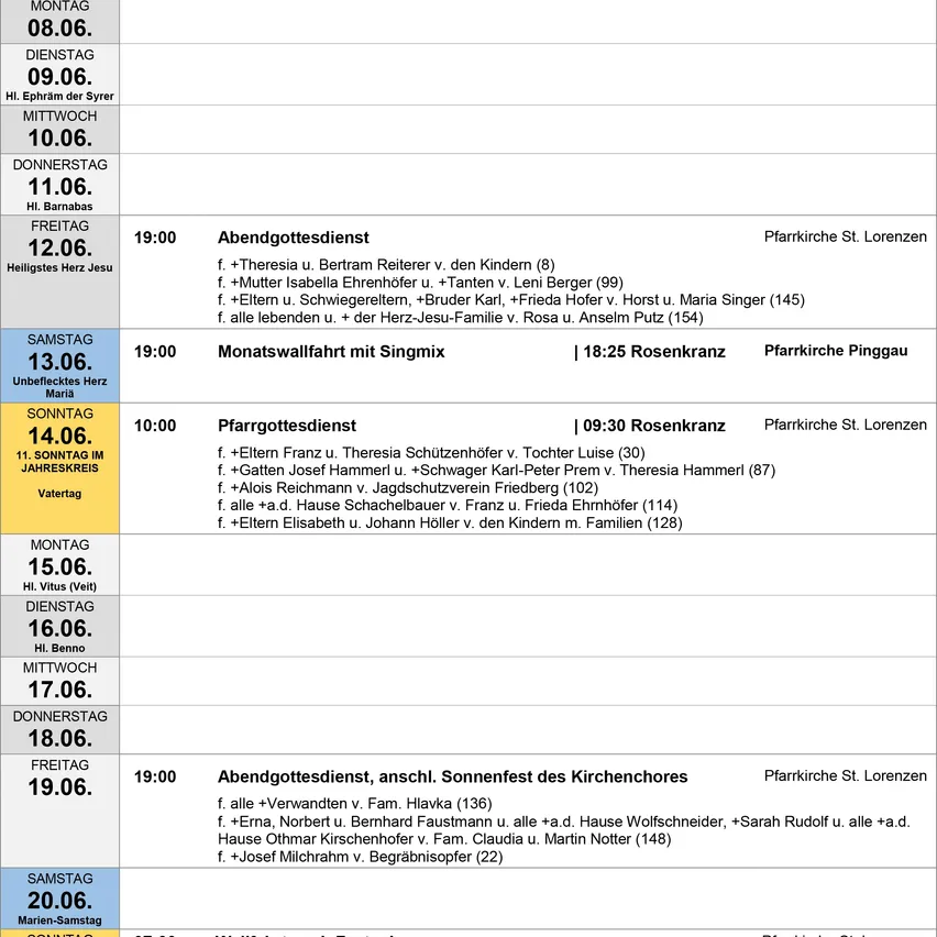 Ein Kalender zeigt Gottesdienste und Veranstaltungen für Juni 2023 mit Daten, Zeiten und Orten. Veranstaltungen umfassen Abendgottesdienst, Morgenmesse und besondere Anlässe wie den Tag der Heiligen Theresa. Orte sind Pfarrkirche St. Lorenzen und Pfarrkirche Pinggau.