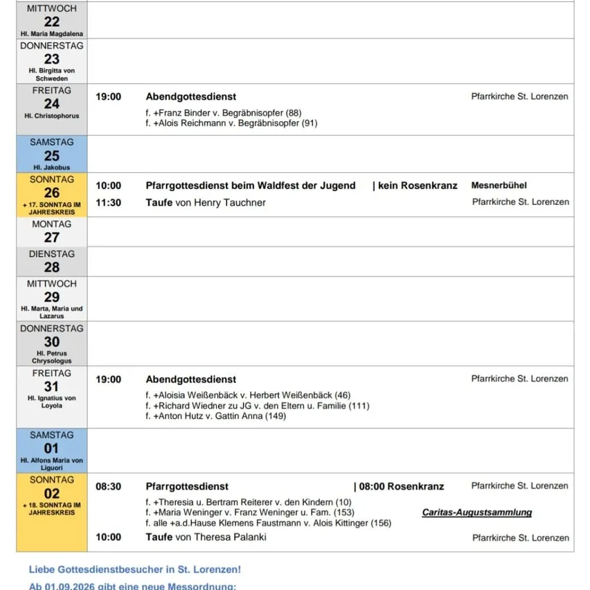 Ein Zeitplan für Gottesdienste in der St. Lorenzen Kirche. Gottesdienste sind vom Mittwoch, 22. September bis Sonntag, 26. September aufgeführt. Zu den Gottesdiensten gehören Abendgottesdienste, Jugendgottesdienste und Messen. Bemerkenswerte Ereignisse sind das 17. jährliche Pfarrfest am Sonntag, 26. September.