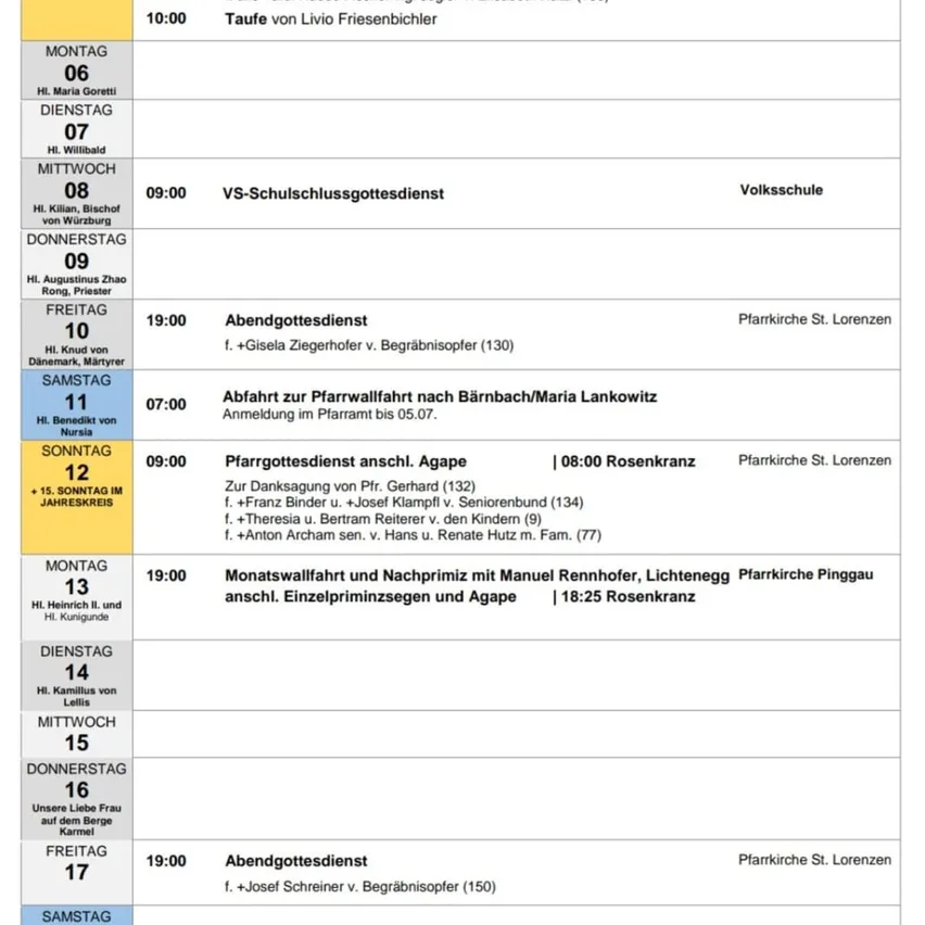 Eine Tabelle mit einem Zeitplan für verschiedene kirchliche Aktivitäten, einschließlich Messen, Abendgottesdienste und Beerdigungen, zu verschiedenen Zeiten an verschiedenen Tagen, mit spezifischen Details über die Teilnehmer.