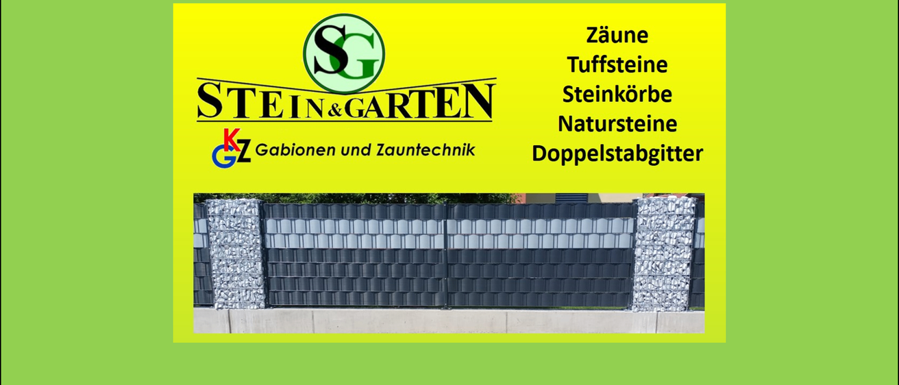 Werbung für Stein & Garten mit einem Gabionen-Zaun. Bietet Steinzäune, Steinblöcke und Gabionentechnik an.