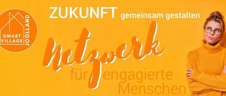 Ein Poster bewirbt ein Netzwerk für engagierte Menschen. Das Poster zeigt eine Frau mit Brille und gelbem Pullover. Die Worte Zukunft gemeinsam gestalten stehen in Weiß.