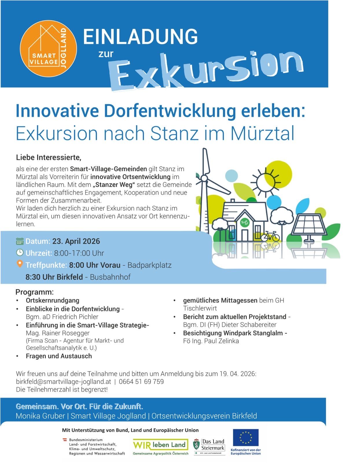 Eine Einladung für eine Dorfführung in Stanz im Murztal. Die Tour beinhaltet ein Treffen der Gemeinde, eine Einführung in die Smart Village Strategie, eine Führung durch den Windpark und eine Mittagspause. Anmeldungen sind bis zum 19.04.2026 möglich.
