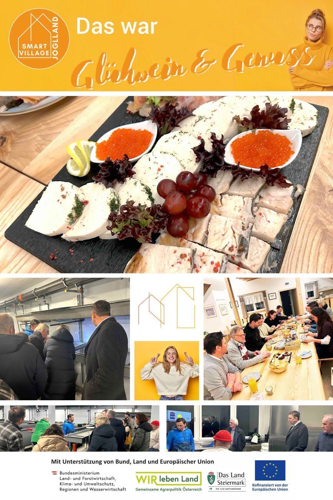 A black tray with various cheeses and fish, garnished with lemon slices, grapes, and red caviar. Below, a collage shows people dining in a kitchen and a woman smiling.