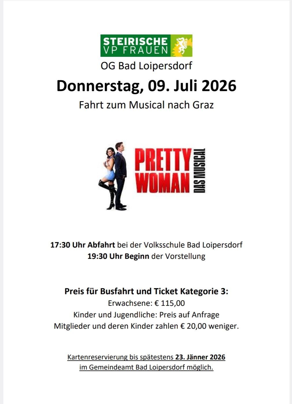 Plakat für eine Musicalfahrt am 9. Juli 2026 in Bad Loipersdorf. Abfahrt um 17:30 Uhr, Vorstellungsbeginn um 19:30 Uhr. Ticketpreise für Erwachsene: 115,00 €, für Kinder auf Anfrage, Mitglieder erhalten 20,00 € Rabatt.