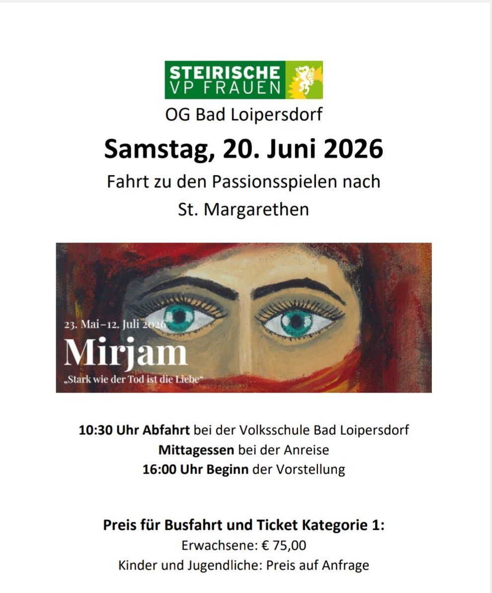 Plakat für einen Ausflug zu den Passionsspielen in St. Margarethen. Abfahrt um 10:30 Uhr. Preis für Busfahrt und Ticket Kategorie 1.