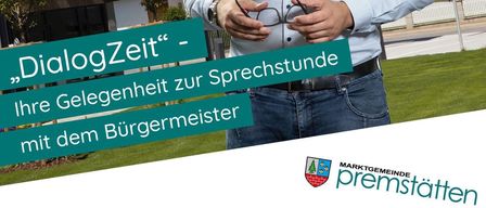 A man stands in front of a building, smiling and holding glasses. Text reads 'Dialogue Time' and 'Your chance to speak with the mayor'. Flags in the background.