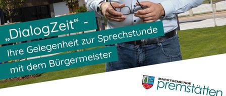 A smiling man in a blue shirt holds glasses outside in front of a modern building. Text reads 'DialogZeit' and 'Your opportunity for a conversation with the mayor.'