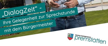 Ein lächelnder Mann steht auf einem Rasen mit Flaggen im Hintergrund. Er hält eine Brille und der Text lautet 'DialogZeit - Ihre Gelegenheit zum Gespräch mit dem Bürgermeister'.
