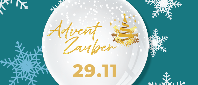 Eine runde Weihnachtsdekoration mit Schneeflocken und einem Baum. Es steht Advent Zubchen 29.11. Christkindl Postamt, Werkstatt, Der Nikolaus kommt, Weihnachtsmarkt, Fotospot mit Schlitten. 29. November, 14:00 Uhr.