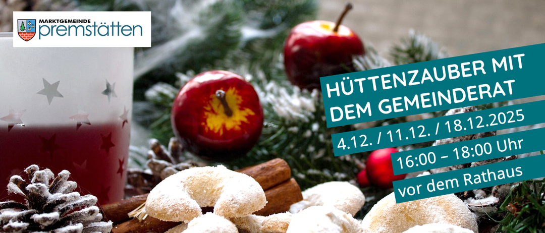 Eine festliche Szene mit einer Gruppe von mit Puderzucker bestreuten Brezeln, umgeben von Zimtstangen und roten Äpfeln. Im Hintergrund ist ein verschwommener Weihnachtsbaum zu sehen. Daten und Uhrzeiten sind angegeben.