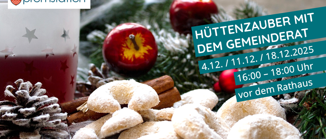 Ein Bild eines weihnachtlich gestalteten Events mit roten Äpfeln, Zimtstangen und bemehltem Gebäck, mit den Daten 4.12 und 11.12 und der Zeit 16:00.