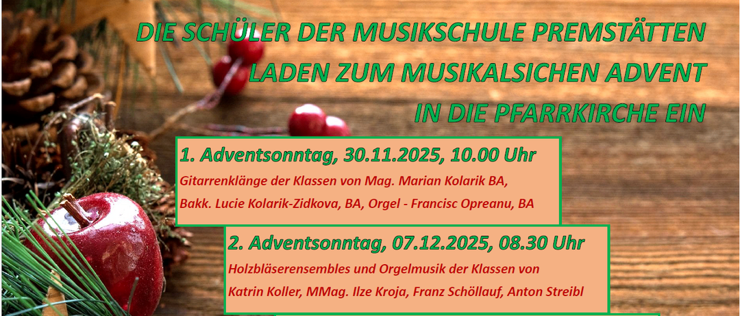 Plakat für musikalische Aufführungen von Schülern einer Musikschule. Vier Termine für Adventssonntage sind aufgeführt mit den Musikarten und den Namen der Lehrer. Das Plakat hat einen hölzernen Hintergrund und rote Beeren.