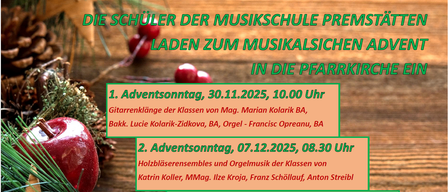 Plakat für musikalische Aufführungen von Schülern einer Musikschule. Vier Termine für Adventssonntage sind aufgeführt mit den Musikarten und den Namen der Lehrer. Das Plakat hat einen hölzernen Hintergrund und rote Beeren.