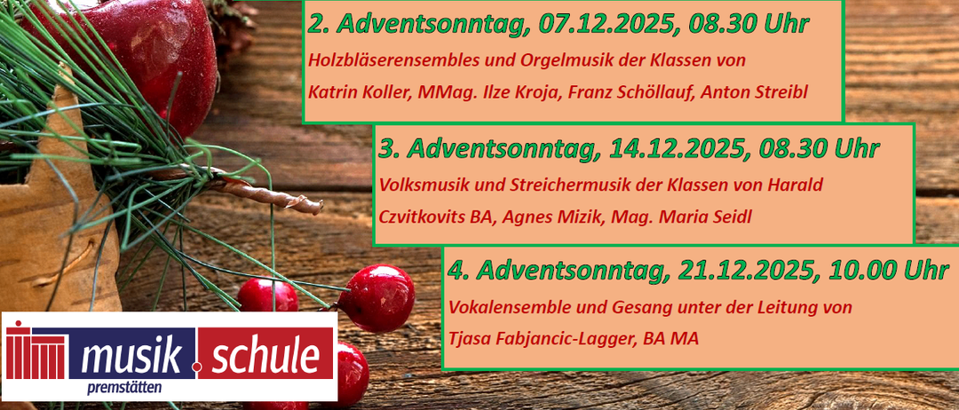 Plakat für Schüler der Musikschule Premsstadt lädt zu musikalischen Adventveranstaltungen ein. Termine: 30. November, 7. Dezember, 14. Dezember und 21. Dezember 2025. Details umfassen Klassenlehrer und Instrumente.