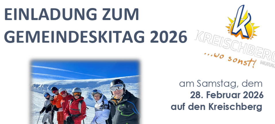 Plakat für die Meindeskita 2026-Veranstaltung. Zeigt eine Gruppe von Menschen in Skiausrüstung auf einem verschneiten Berg, mit einem Logo für Kreisch...wo sons. Datum: Samstag, 28. Februar.