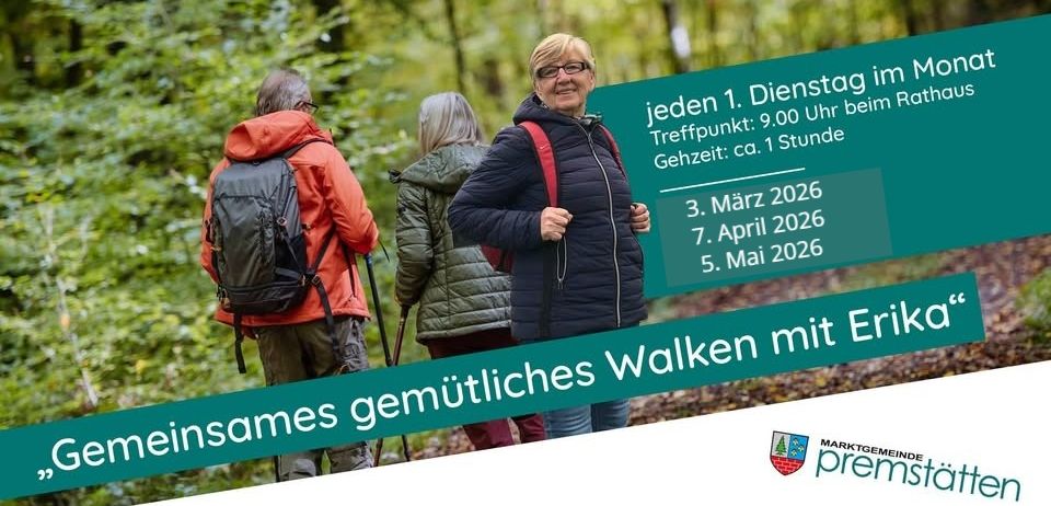 Drei Personen, die im Wald spazieren gehen, mit einem Schild über sanftes Wandern mit Eriko an bestimmten Daten im Jahr 2026.