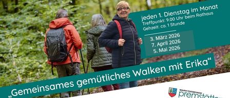 Three people walking in the forest with a sign about gentle walks with Eriko on specific dates in 2026.