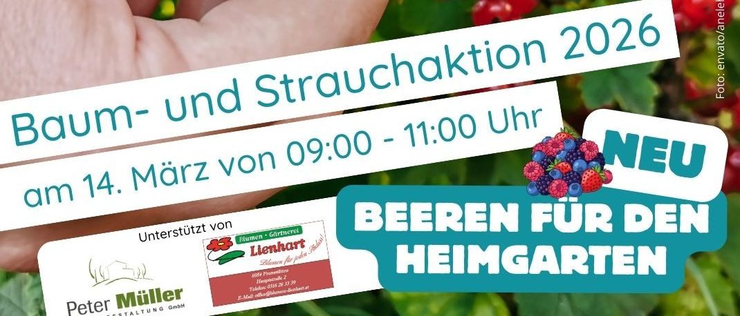 Werbeplakat für Baum-und-Strauchaktion 2026 am 14. März von 09:00 bis 11:00 Uhr mit einer Hand, die rote Beeren hält.