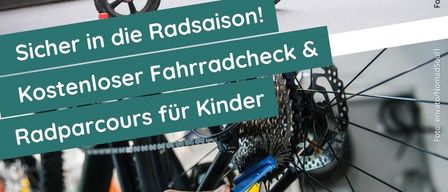 A child rides a bicycle with a hand tool near the wheel. The poster highlights free bike checks and children's cycling courses. Date: April 18, Time: 09-13.