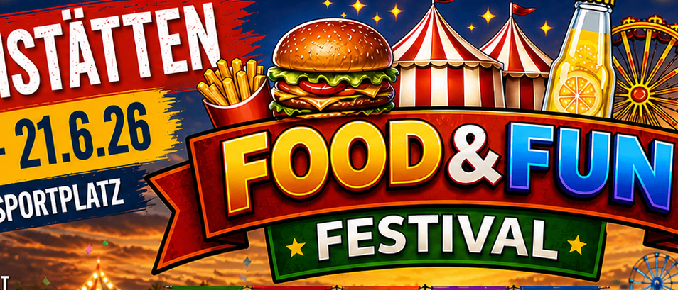 Plakat für das Food & Fun Festival. Zeigt Essen aus Asien, Amerika, Mexiko, dem Orient und Europa. Beinhaltet Street Food, Live-Shows und mehr. Verschiedene Essen mit Ländernamen dargestellt.