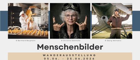 Ein Poster zeigt eine ältere Frau mit Schutzbrille und Lederjacke, mit Bildern einer Küche und eines Flugzeugs. Es steht 'Marktgemeinde Premstätten', 'Menschenbilder' und 'Wanderausstellung', mit den Daten 05.06-25.06.2026 und den Orten Park Laa und Generationenpark Zettleing.
