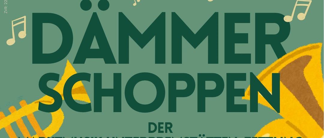 Plakat für Dämmerschoppen-Event mit Trompeten und Musiknoten. Das Event ist für den 20. Juni 2026 um 18:00 Uhr geplant. Ort: Kürbisbauernhof Zachenegger.