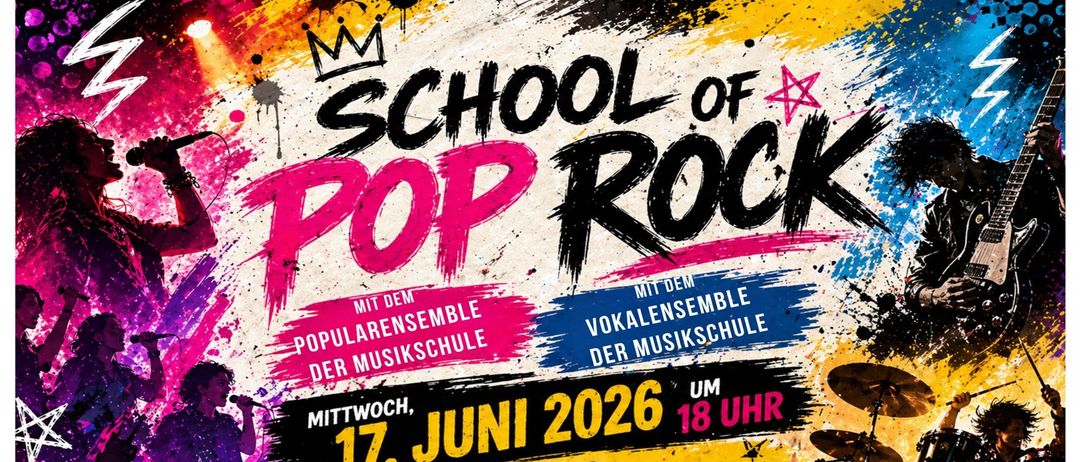 Plakat für die School of Pop Rock Veranstaltung. Zeigt Bands, Sänger und Instrumente. Datum ist der 17. Juni 2026. Zeit ist 18 Uhr. Ort ist Marktplatz Preußstadt.
