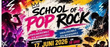 School of Pop Rock event poster. Features bands, singers, and instruments. Date is June 17, 2026. Time is 6 PM. Location is Marktplatz Preußstadt.