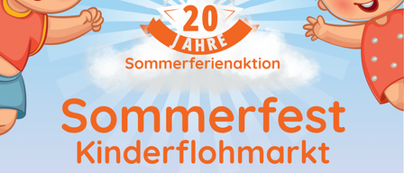 Poster for a children's summer festival with balloons, rainbow, and smiling kids. Event date: August 2, 2026, 9 AM to 2 PM at Sportzentrum Premstatten.