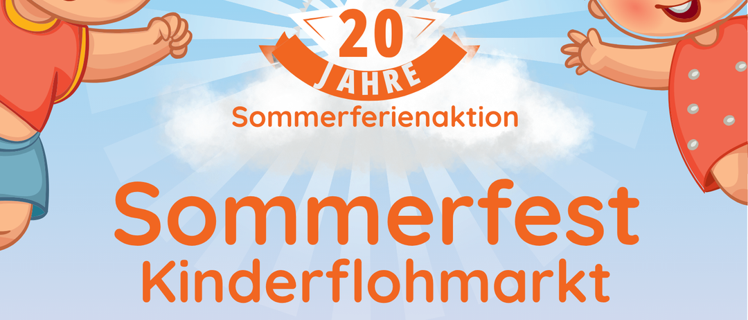 Plakat für ein Kinder-Sommerfest mit Ballons, Regenbogen und lächelnden Kindern. Veranstaltungsdatum: 2. August 2026, 9 bis 14 Uhr im Sportzentrum Premstatten.
